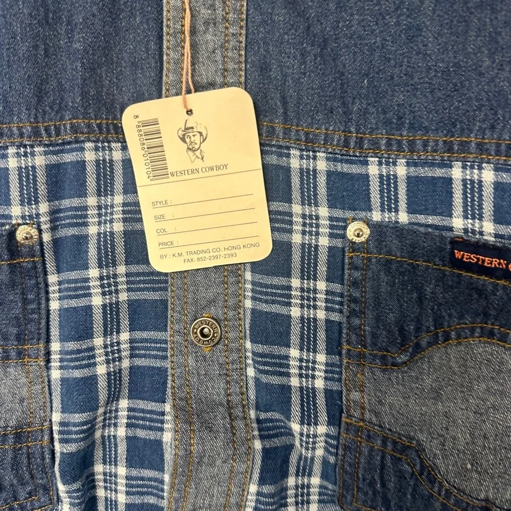 Western Cowboy Mens Blue Denim Plaid Mixed Media Button Down‎ Shirt Medium NWT
